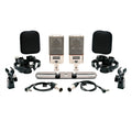 Two silver microphones with windshields, shock mounts, clips, cables, and a metal mounting bar arranged on a white background.