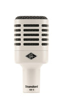 Front view of a white and black dynamic microphone labeled Standard SD-3 with a logo above the text.