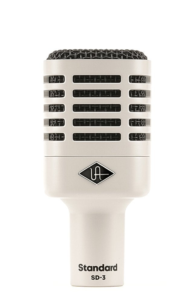 Front view of a white and black dynamic microphone labeled Standard SD-3 with a logo above the text.
