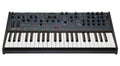 Black Oberheim TEO-5 synthesizer keyboard with multiple knobs, buttons, and a small LED display on top panel.