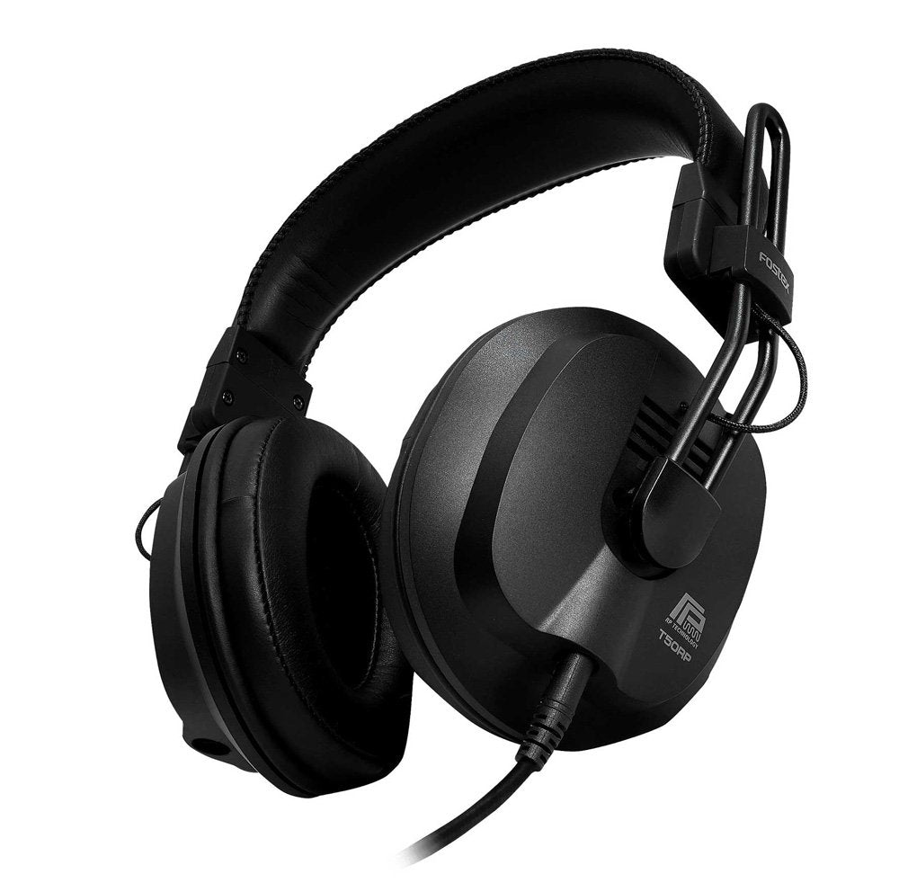 Black over-ear wired headphones with padded ear cups and headband, showing FOSTEX branding on side.