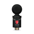 Black studio microphone with round mesh grille, red logo, frequency switches, and threaded metal connector at base.