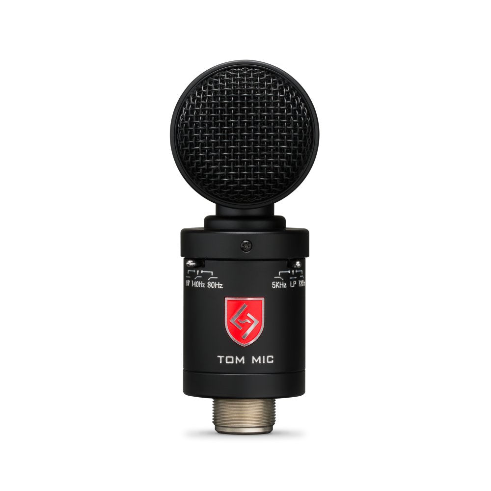 Black studio microphone with round mesh grille, red logo, frequency switches, and threaded metal connector at base.