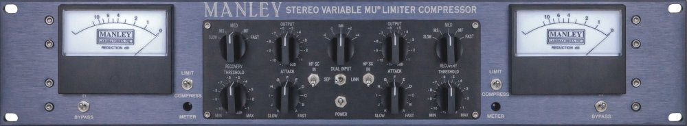 Front panel of a Manley stereo variable mu limiter compressor with meters, knobs, and switches.
