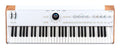 White and wood synthesizer keyboard with control knobs, buttons, and small round display above keys.