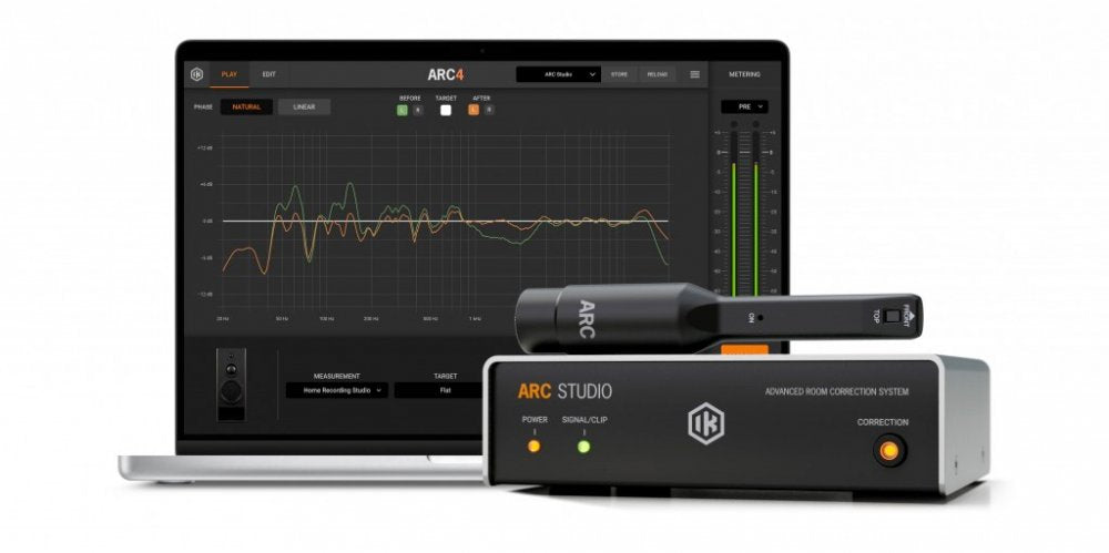 Monitor controller device labeled ARC Studio with a measurement microphone and a laptop displaying software graphs and controls.