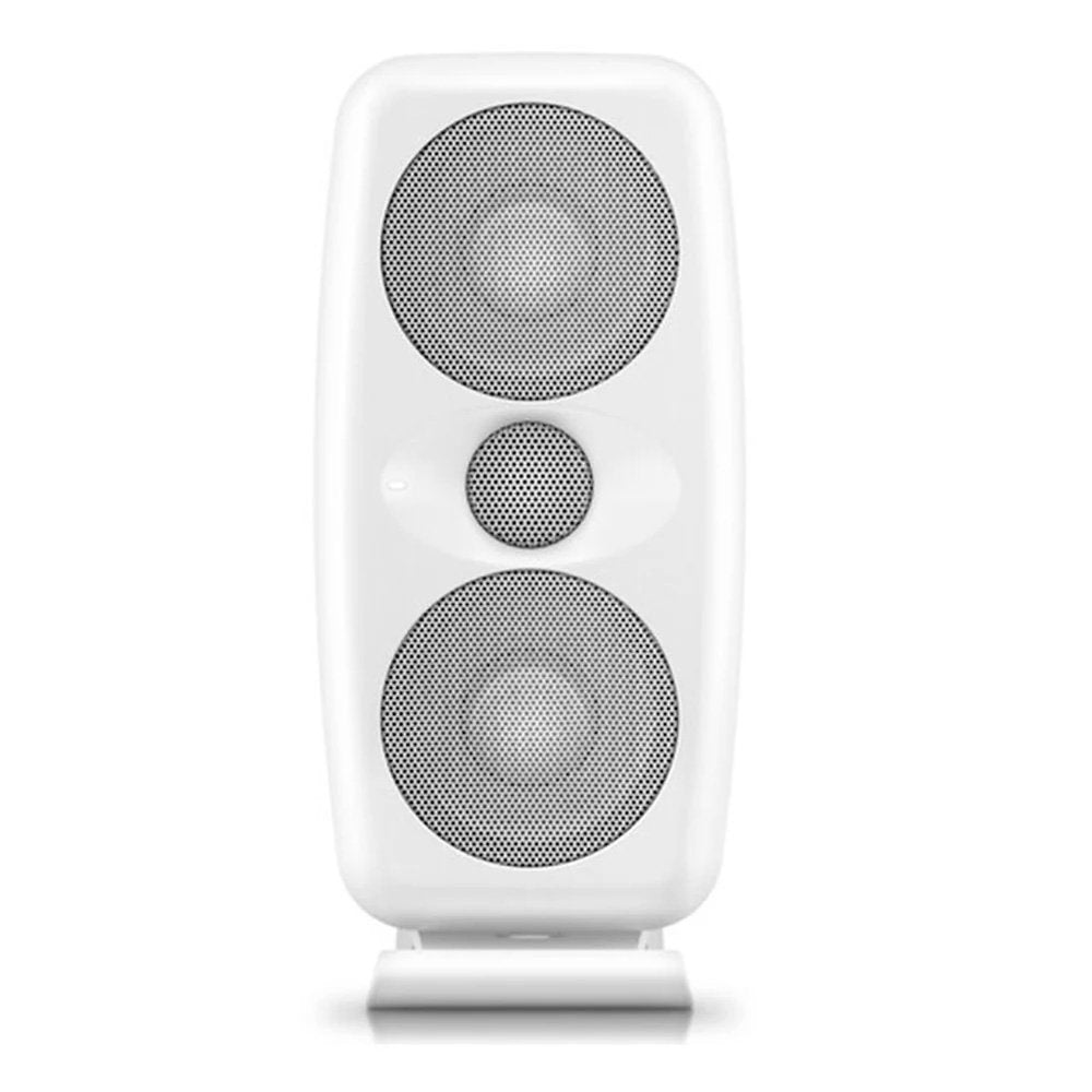 Front view of a white studio monitor speaker with three circular speaker grilles in a vertical arrangement.