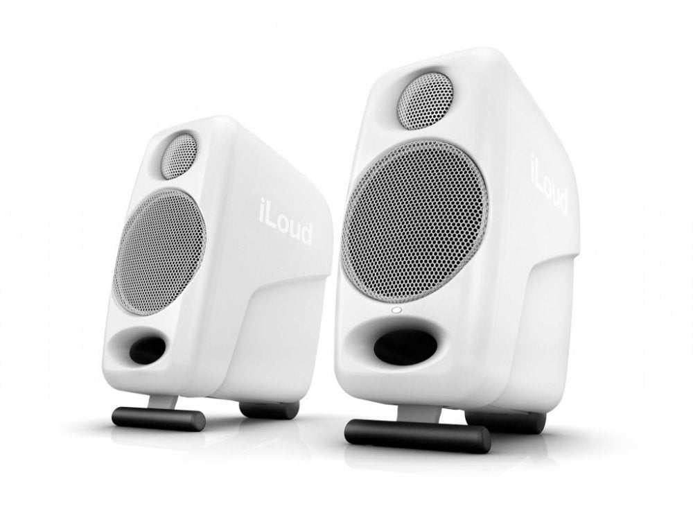 Pair of white desktop speakers with black stands and metal speaker grilles labeled iLoud.
