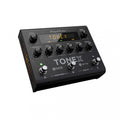 Black guitar effects pedal with multiple knobs, three footswitches, and a digital display reading TONEX.