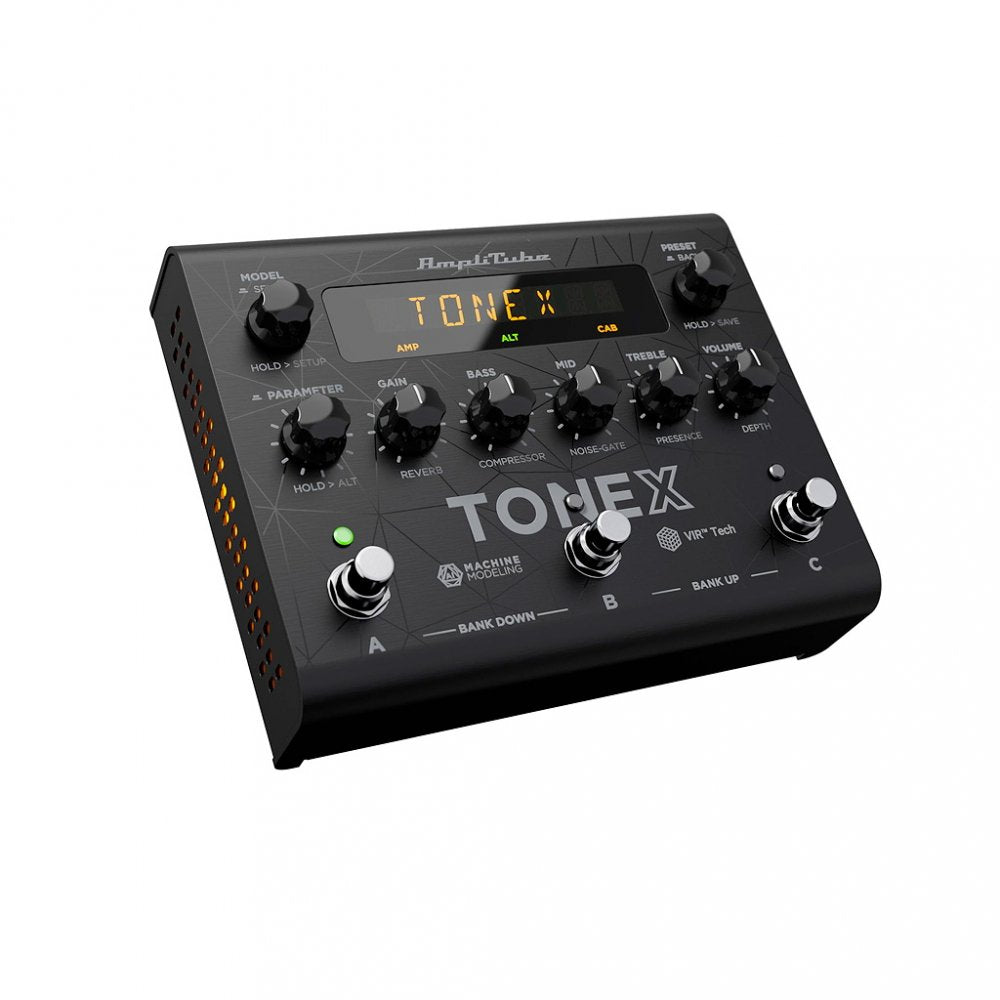Black guitar effects pedal with multiple knobs, three footswitches, and a digital display reading TONEX.