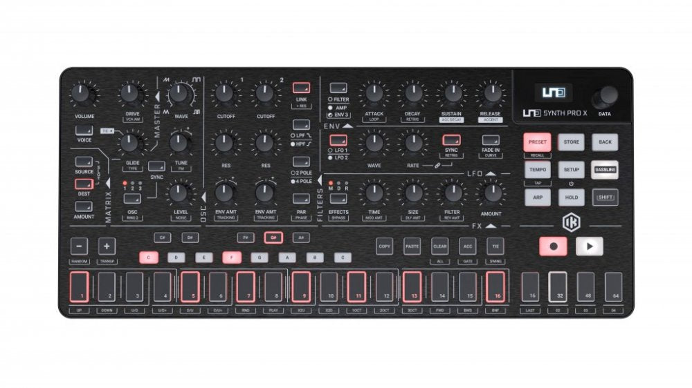 Black IK Synthesizer with controls, buttons, pads, and a digital screen labeled Synth Pro X