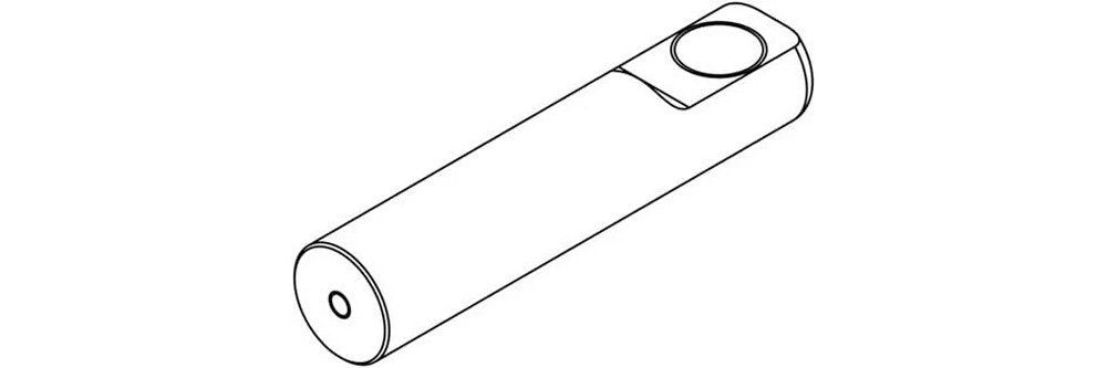 Line drawing of a cylindrical object with a clip and a circular detail on one end.