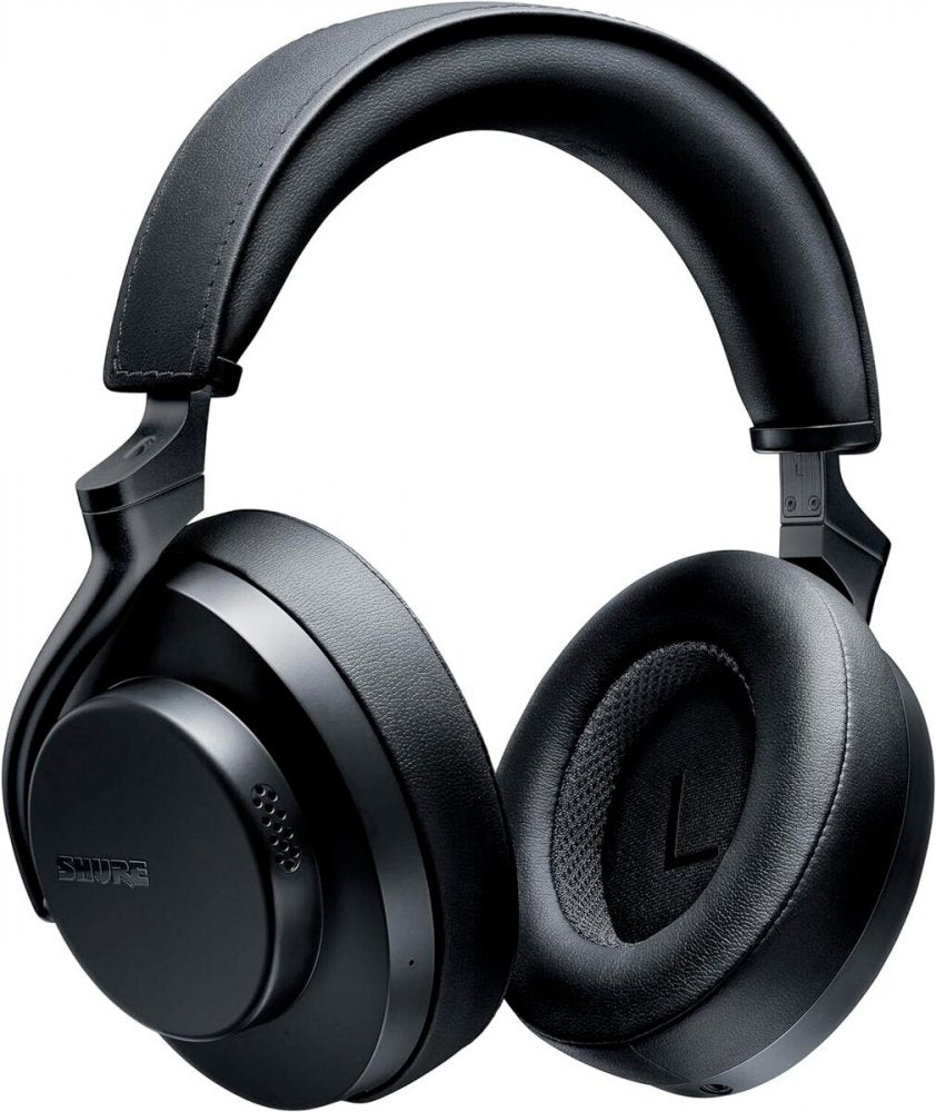 Black over-ear headphones with padded headband and ear cushions, showing left ear marked with 'L'.
