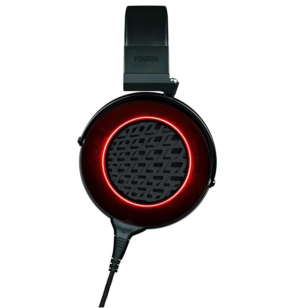 Black over-ear headphone with red circular accent and Fostex branding on the headband.