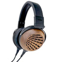Over-ear wired headphones with wooden ear cups and black padded headband and ear cushions.