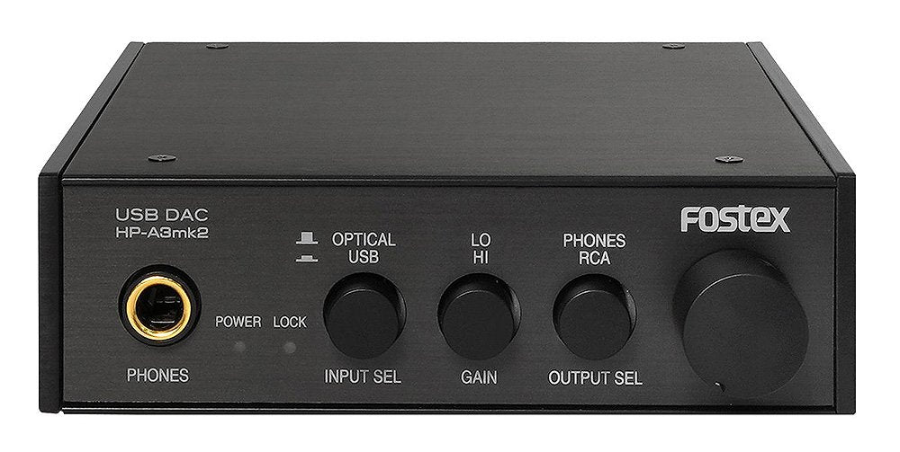 Front panel of a Fostex HP-A3 mk2 USB DAC with headphone jack and control knobs for input, gain, and output selection.