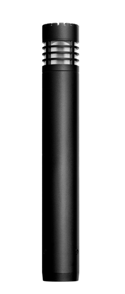 Black cylindrical microphone with a metal mesh grille near the top.