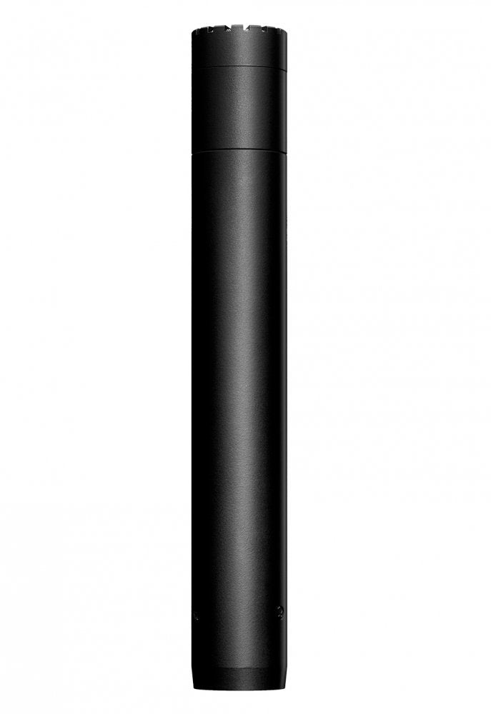 Black cylindrical microphone with a vented grille top shown standing upright on a white background.