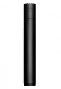 Black cylindrical microphone with a vented grille top shown standing upright on a white background.