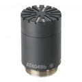 Black cylindrical microphone capsule with a metal mesh grille and threaded metal connector at the bottom.