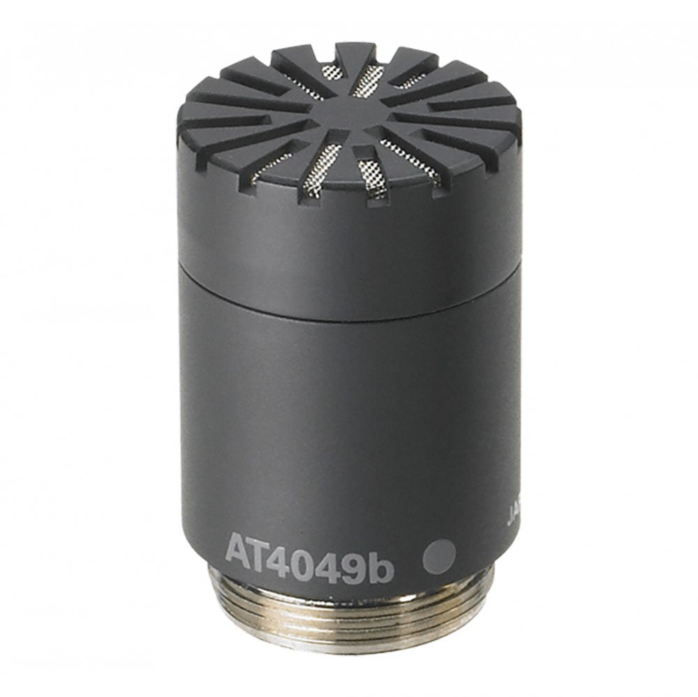 Black cylindrical microphone capsule with a metal mesh grille and threaded metal connector at the bottom.