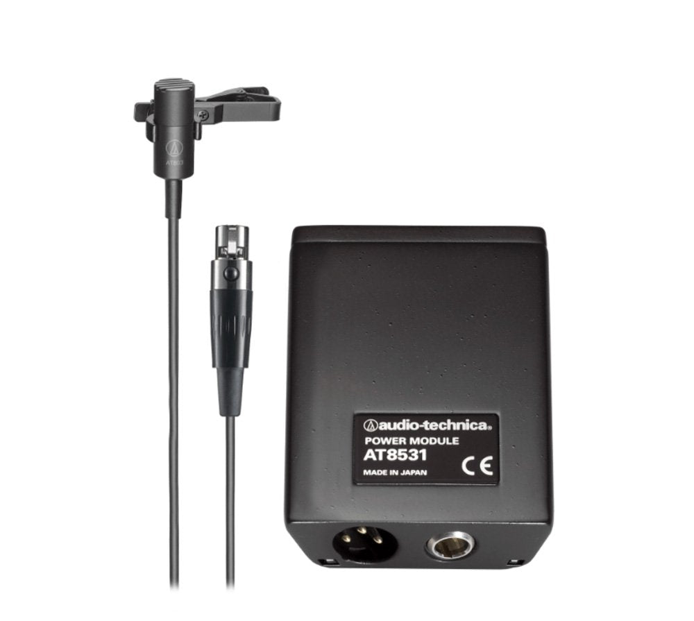 Black Audio-Technica microphone with clip and matching black power module with labels and connectors