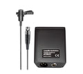 Black Audio-Technica microphone with clip and matching black power module with labels and connectors