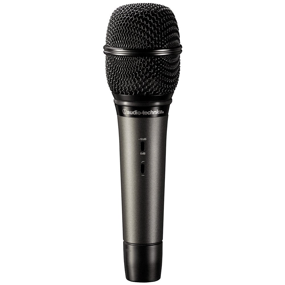 Black handheld microphone with metal mesh grille and audio-technica branding on the handle.