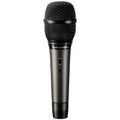 Black handheld microphone with metal mesh grille and audio-technica branding on the handle.