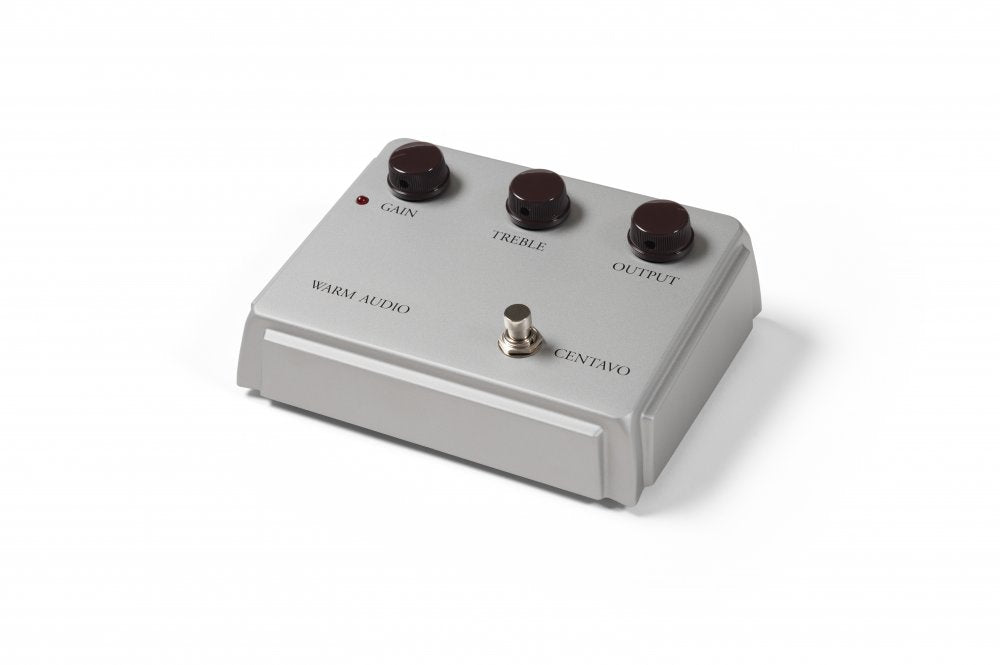Silver WARM AUDIO CENTAVO device with three black knobs and a foot switch on top.