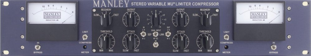 Front panel of a Manley stereo variable MU limiter compressor with multiple knobs, switches, and meters.