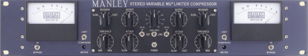 Front panel of Manley stereo variable MU limiter compressor with meters, knobs, and switches.