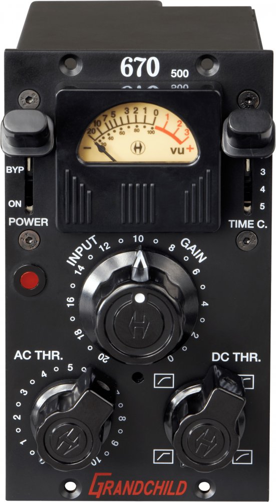 Front panel of a black audio processor with knobs, switches, and a VU meter labeled '670'.