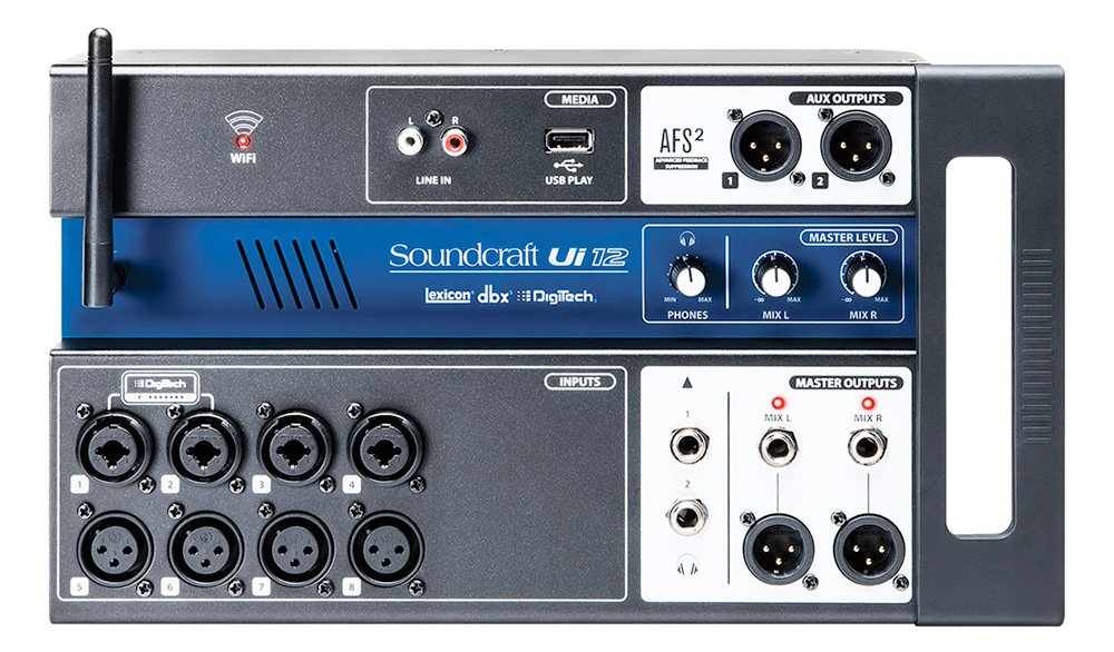 Front panel of a Soundcraft Ui 12 audio mixer showing various input/output connectors and control knobs.