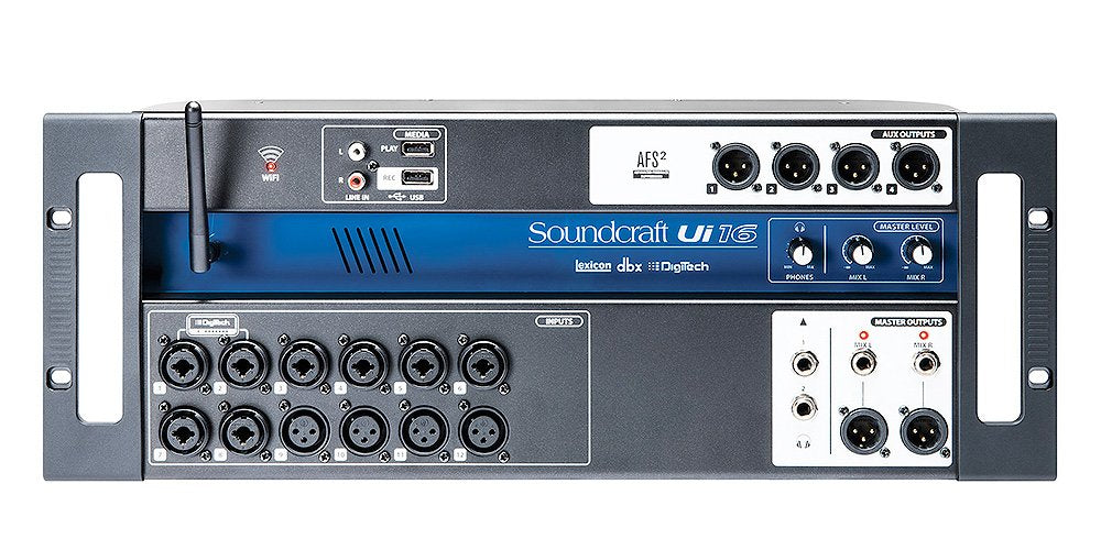 Front rack-mount mixer panel with combo inputs, XLR outputs, RCA inputs, antenna, and control knobs labeled Soundcraft Ui16.