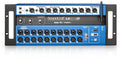 Front view of a Soundcraft Ui24R audio mixer with multiple inputs, outputs, knobs, USB ports, and WiFi antenna.
