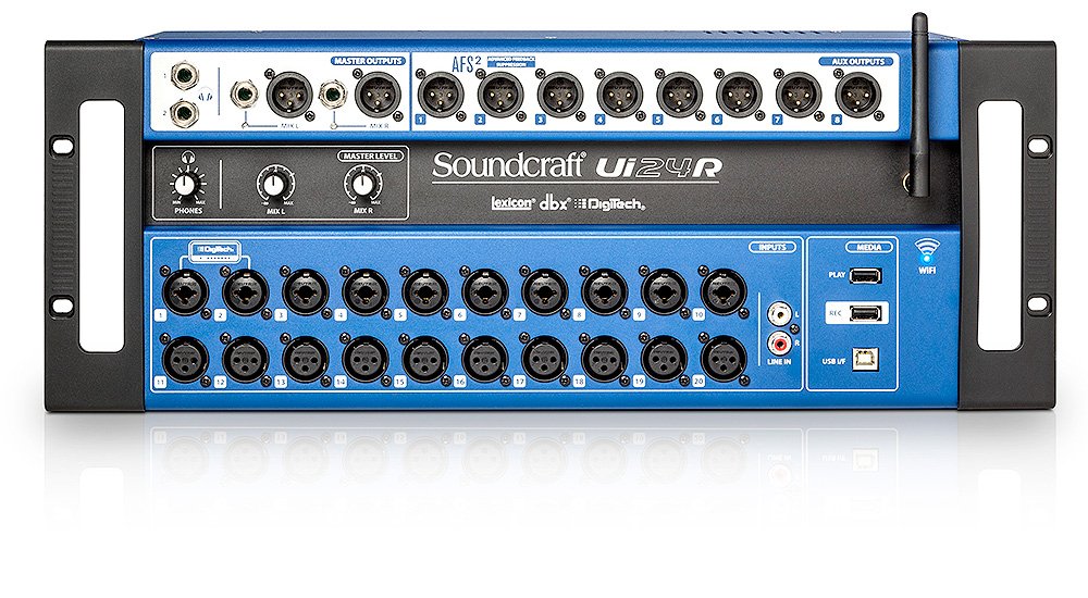 Front view of a Soundcraft Ui24R audio mixer with multiple inputs, outputs, knobs, USB ports, and WiFi antenna.
