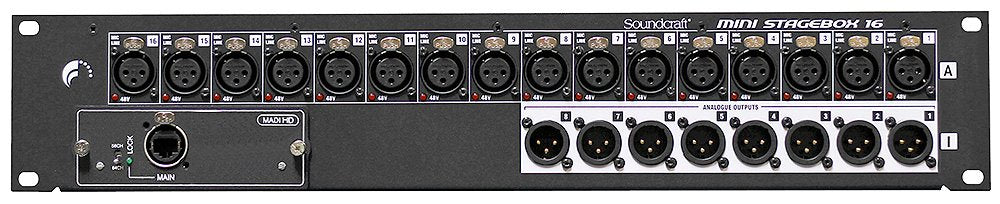 Black rackmount audio interface with 16 female XLR inputs, 8 female XLR outputs, and one Ethernet-type port