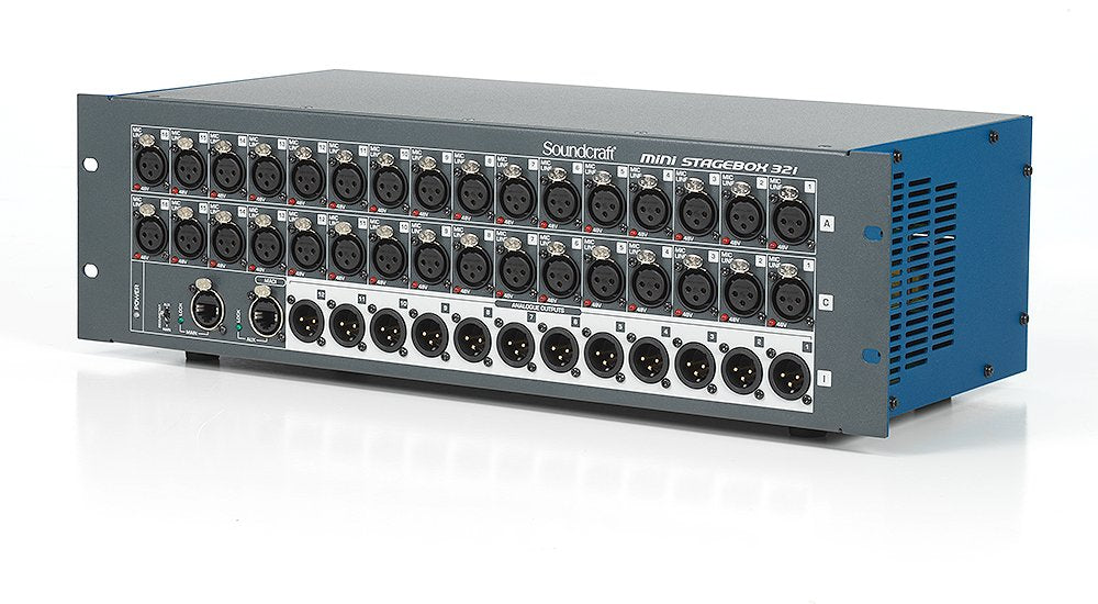 Black and blue rackmount audio stage box with multiple XLR inputs, outputs, and network connectors