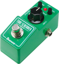 Green Ibanez Tube Screamer Mini guitar pedal with three control knobs and one footswitch.