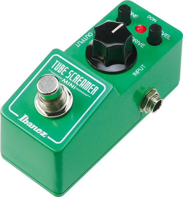 Green Ibanez Tube Screamer Mini guitar pedal with three control knobs and one footswitch.