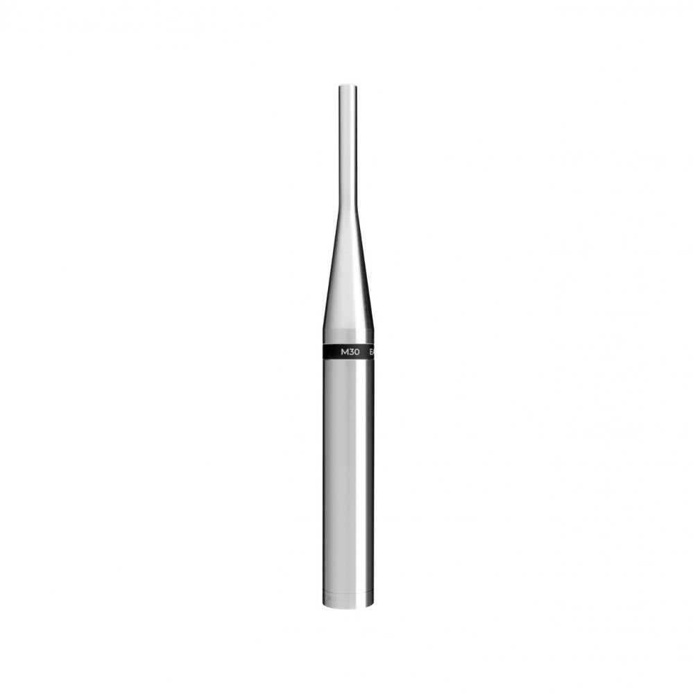 Silver metal microphone with narrow top and black band labeled M30.
