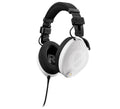 White over-ear headphones with black padded headband and foam ear cushions, connected with a wired audio cable.