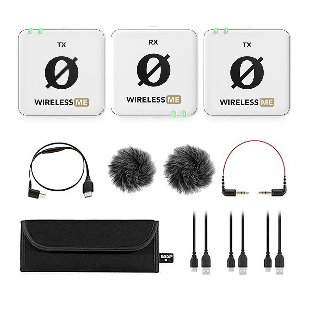 Three white wireless audio units with accessories including cables, windshields, and a carrying pouch.