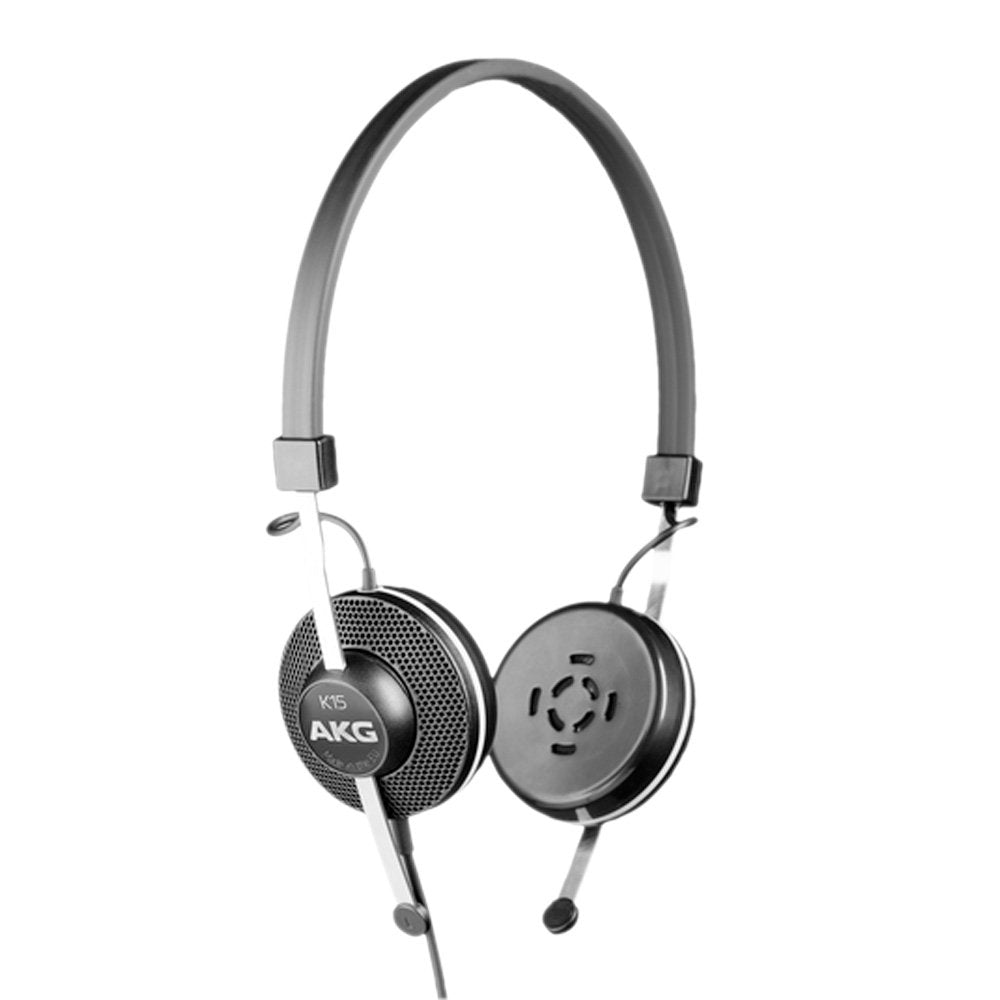 Black wired on-ear headphones with a headband and perforated earcup design labeled K15 AKG.