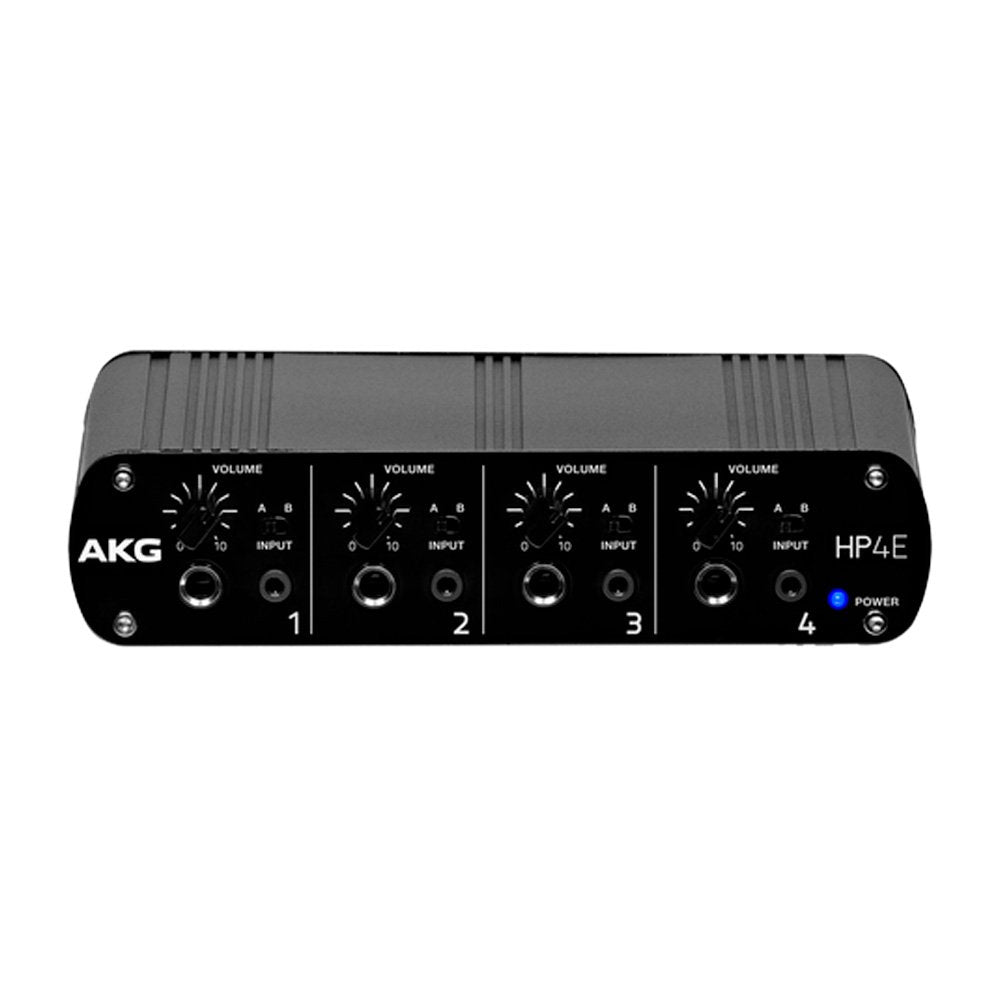 Front view of black AKG HP4E headphone amplifier with volume knobs, input jacks, and power indicator.
