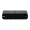 Front view of black AKG HP4E headphone amplifier with volume knobs, input jacks, and power indicator.