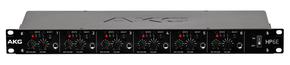 Black audio device with six volume and mix controls, labeled HP6E by AKG, with on/off switch.