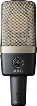 Front view of a black and gold AKG C314 microphone with metal mesh grille and AKG logo.