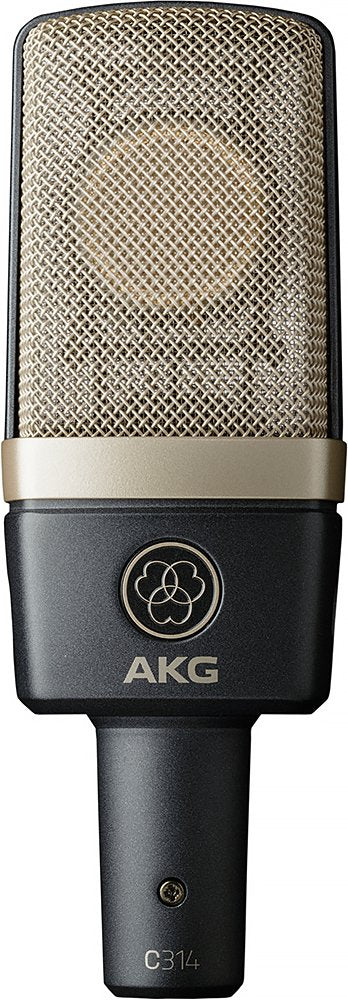 Front view of a black and gold AKG C314 microphone with metal mesh grille and AKG logo.